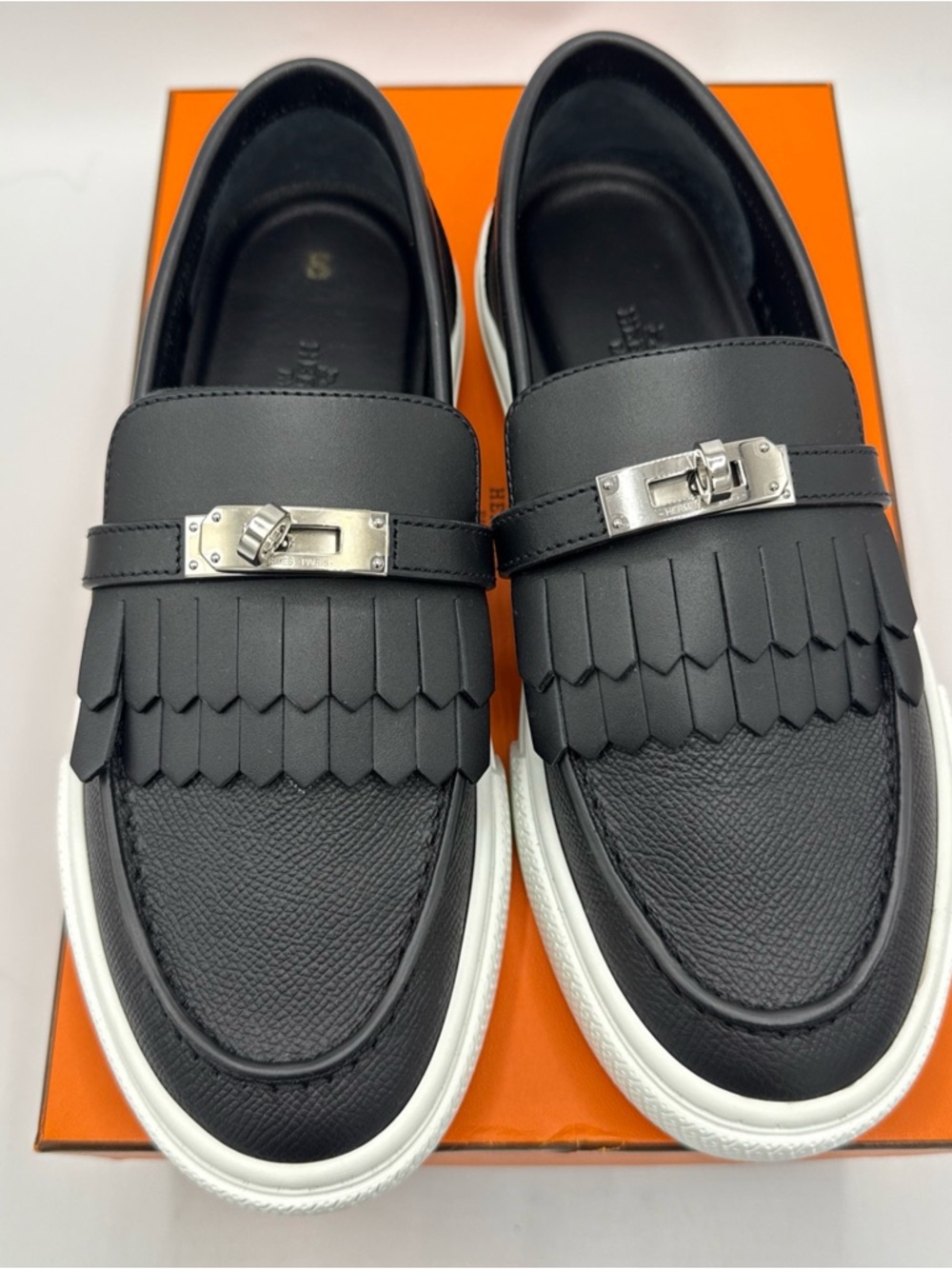 NWB HERMES Epsom Calfskin Game Slip On Fringe Sneakers 37.5 Black - Picture 3 of 12